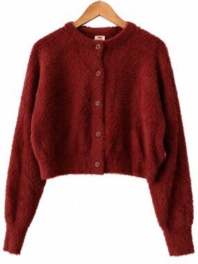 Levi's Burgundy Red Fuzzy Cropped Cardigan Sweater Long Sleeve Button Front M